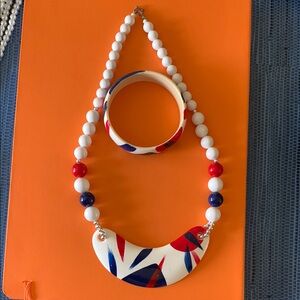 Colorful blue red and white Beaded Necklace & Bracelet Set from smoke free home!